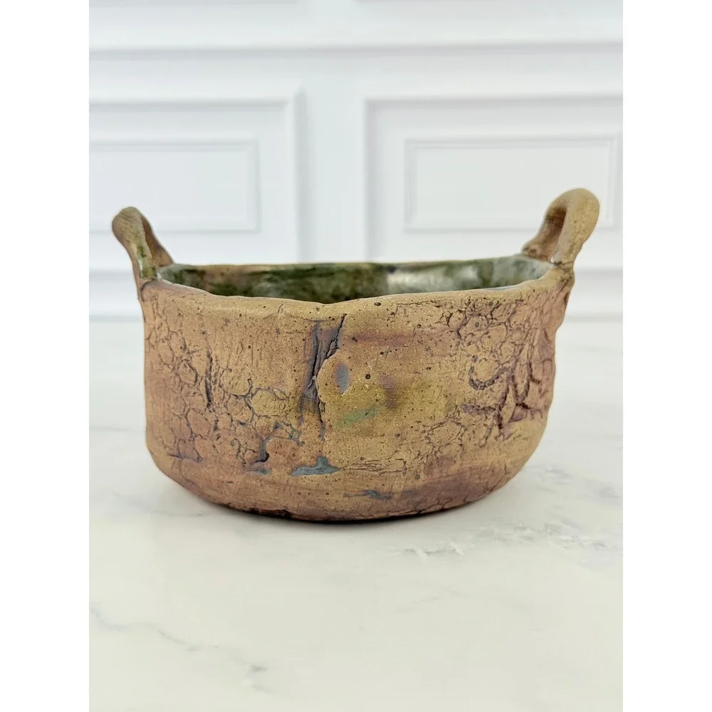 Handmade Studio Pottery Bowl with Handles and Scale Design - Signed!